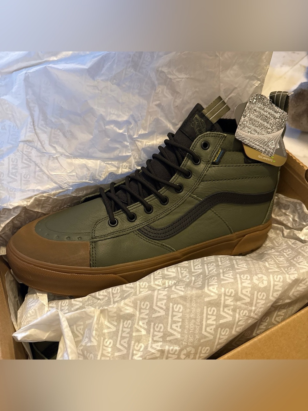 Vans Olive High-Top Sneaker with Black Stripe and Gum Sole - Picture 2 of 2